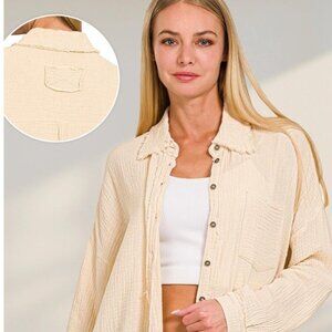 Oversized Raw Edge Shirt w/ Back Patch "LIGHT BEIGE"